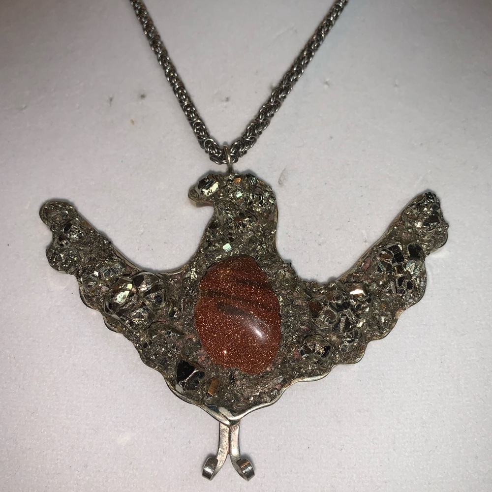 Phoenix Sun stone, Pyrite, German Silver necklace. - Picture 2 of 8